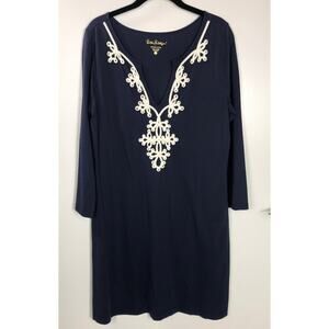 Lilly Pulitzer Pima Cotton Marina Navy Blue Dress Simple Textured Women's L Easy